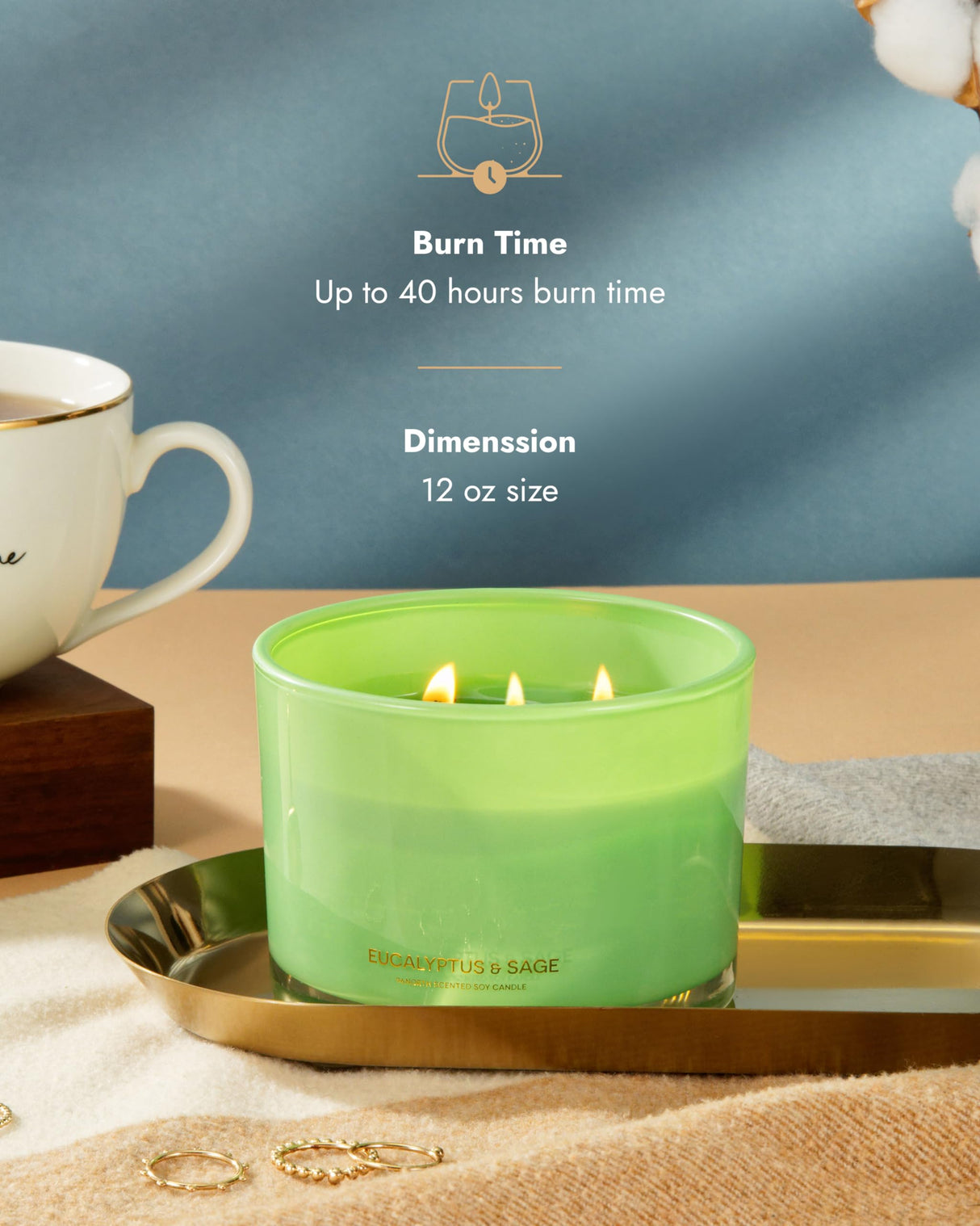 96NORTH Luxury Eucalyptus & Sage Soy Candle | Large 3 Wick Jar Candle | Up to 40 Hours Burning Time | 100% Natural Soy Wax | Housewarming Gift for Men and Women