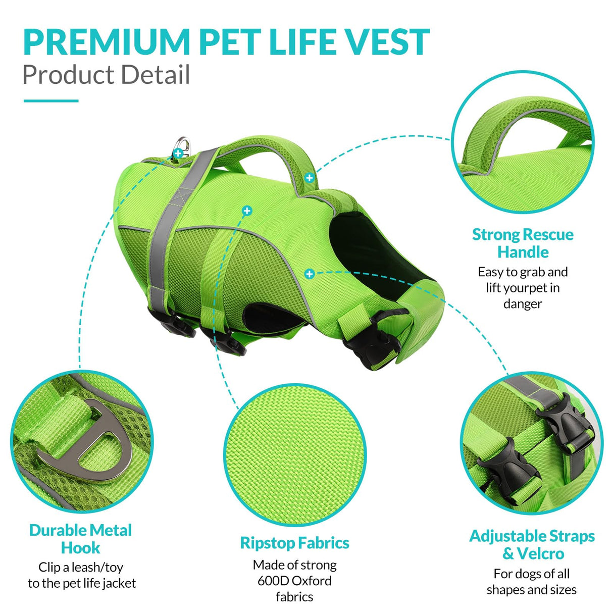 Queenmore Dog Life Jacket, Adjustable Ripstop Dog Vest for Swimming, Boating with Rescue Handle, Superior Buoyancy - Green, XL