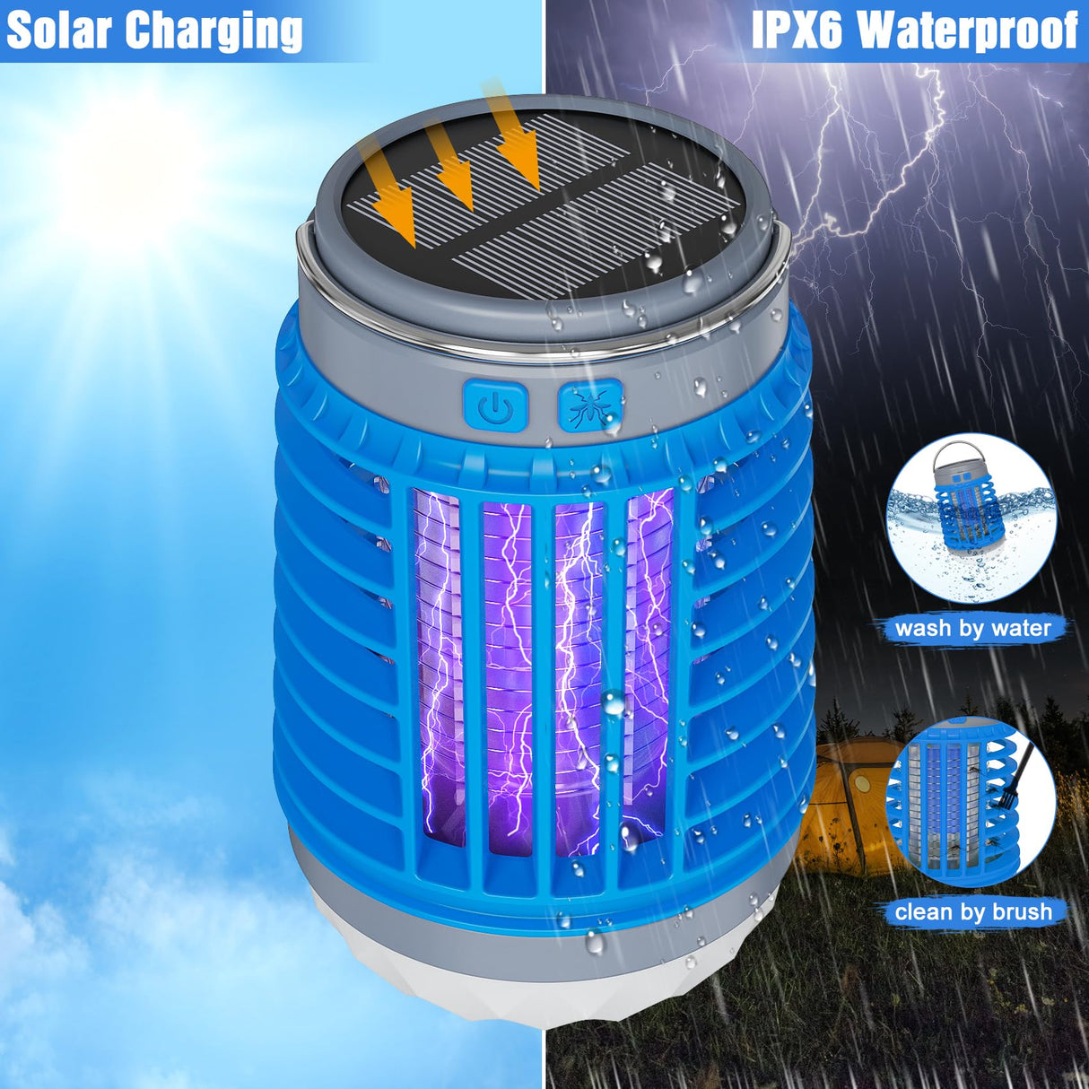 Solar Bug Zapper Outdoor Waterproof Mosquito Zapper for Patio Home Camping, 3 in 1 Cordless Rechargeable Mosquito Repellent Outdoor Patio Flashlight, Mosquito Killer Indoor - Blue, 2 PCS Patio