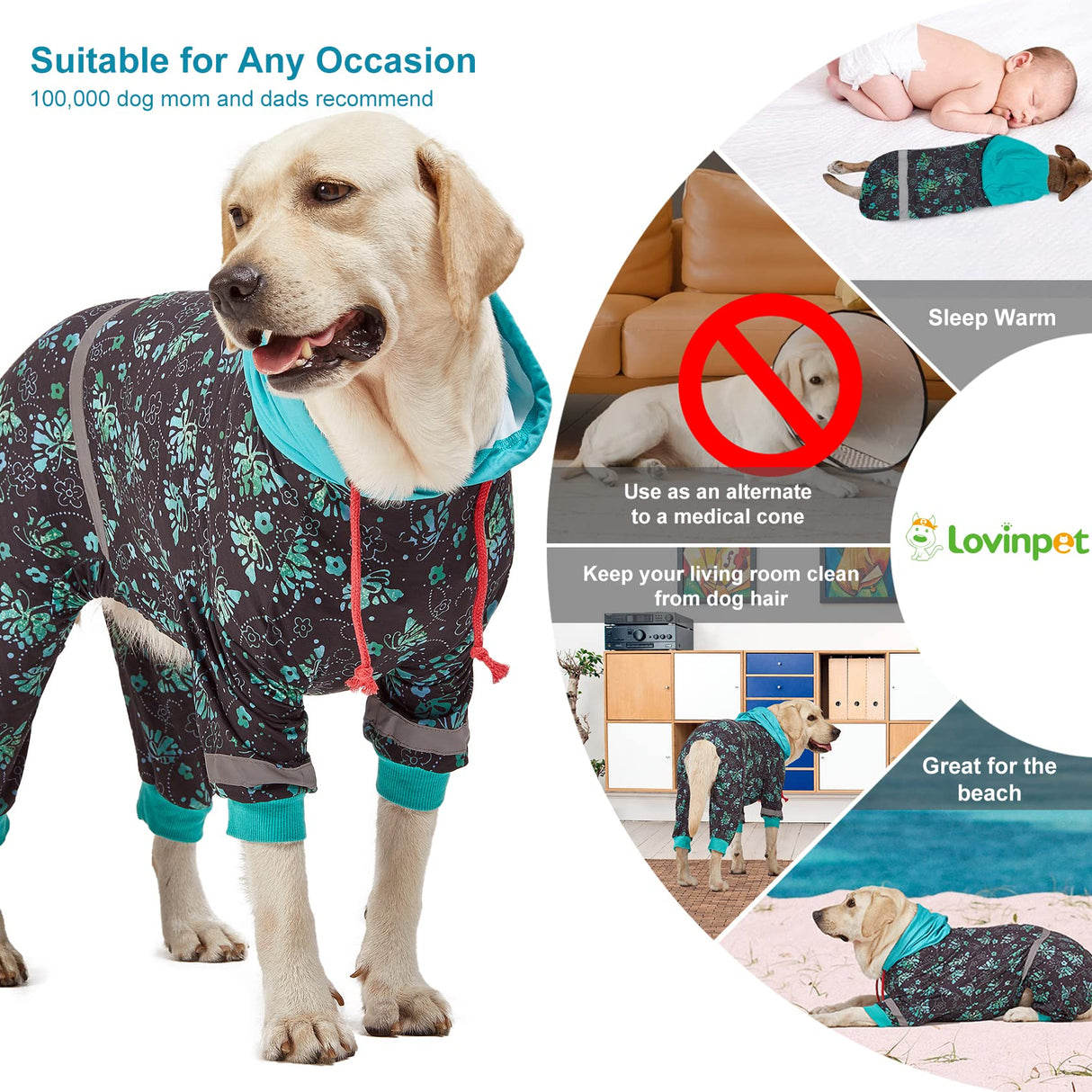LovinPet Large Breed Dog Onesie Pajamas - UV & Wound Care, Dog Anxiety Relief, Dog Jammies, Reflective Stripe, Butterflies and Rings Black/Green Print, Post Surgery Pet PJ's /3XL