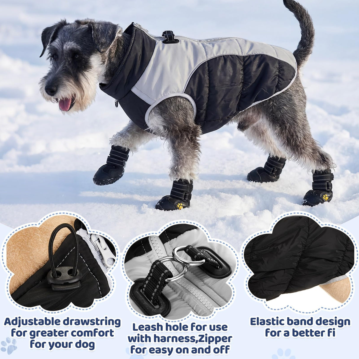 Thinkday Dog Coat and Boots Set for Weighing 23-35lbs, Waterproof Winter Jacket Paw Protectors with Harness Leash Hole, Reflective Vest, Snowsuit Coats, Rugged Anti Slip Dog Shoes Cold(Black, L)