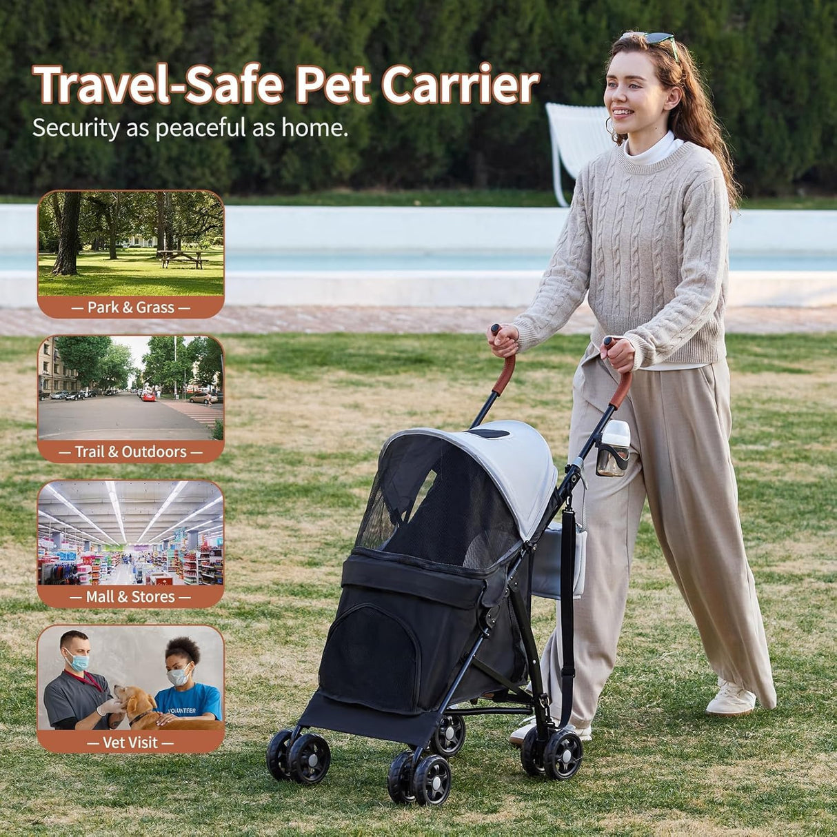 TerraPede Lightweight 10 lbs Foldable Pet Stroller for Small Dogs & Cats, Easy-Fold Compact, with Adjustable Sun Canopy, Cup Holder, Breathable Mesh, Pad & Storage Bag, Holds 33 lbs, Dark Black