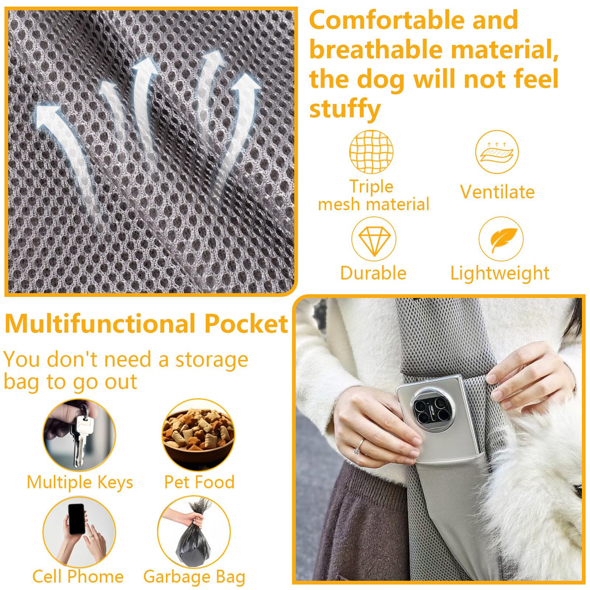 CYUmail Small Dog Sling,Triple-Layer Breathable Mesh Dog Slings for Small Dogs,Suitable for Small Dogs and Cats,with Adjustable Shoulder Strap and Safety Harness,Puppy Essentials,Grey