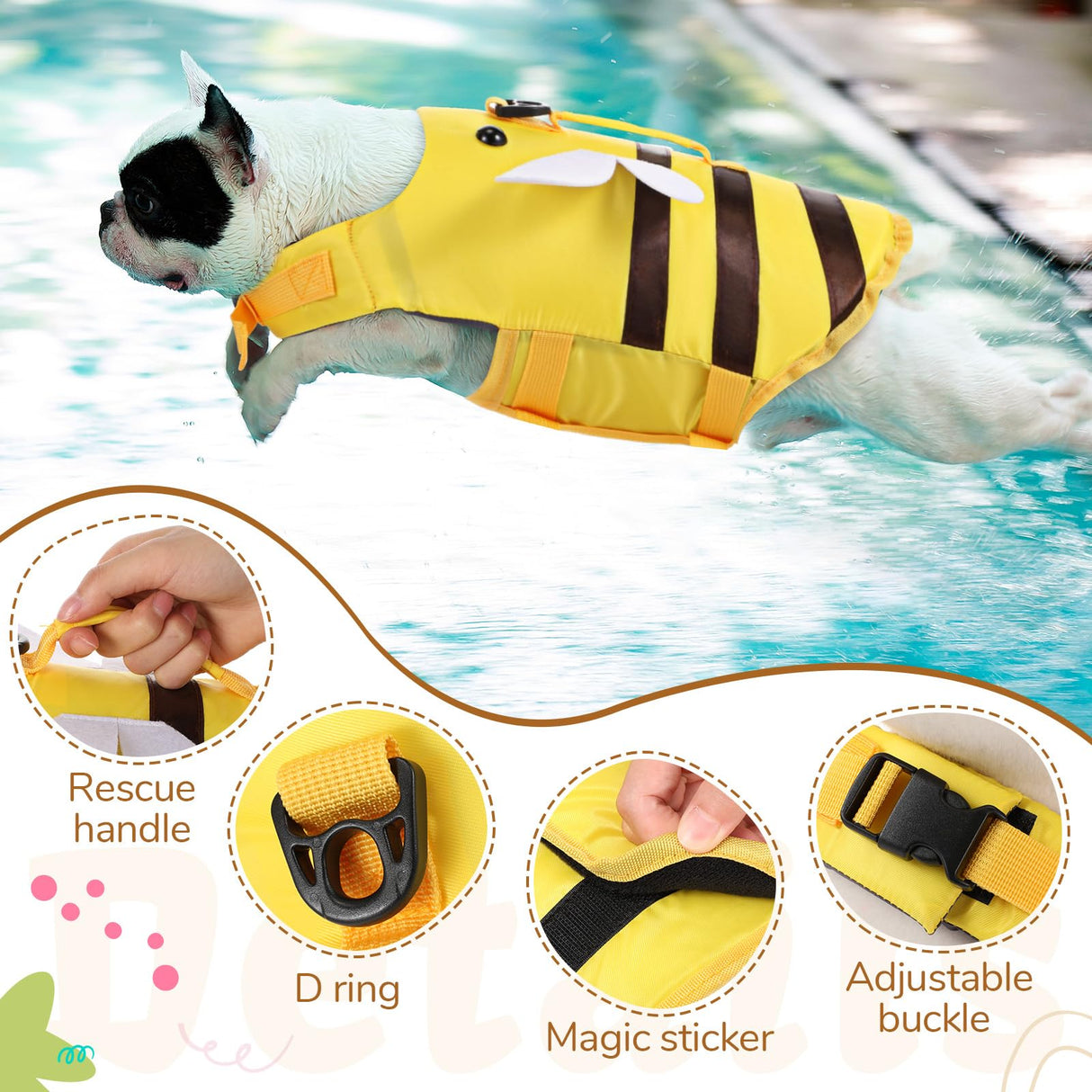 Relaxweex Dog Life Jacket Dog Life Vest for Swimming Boating Cute Bee Design with Rescue Handle Adjustable High Flotation Pet Lifesaver Swimsuit for Small Medium Large Puppy Water Safety (Small)