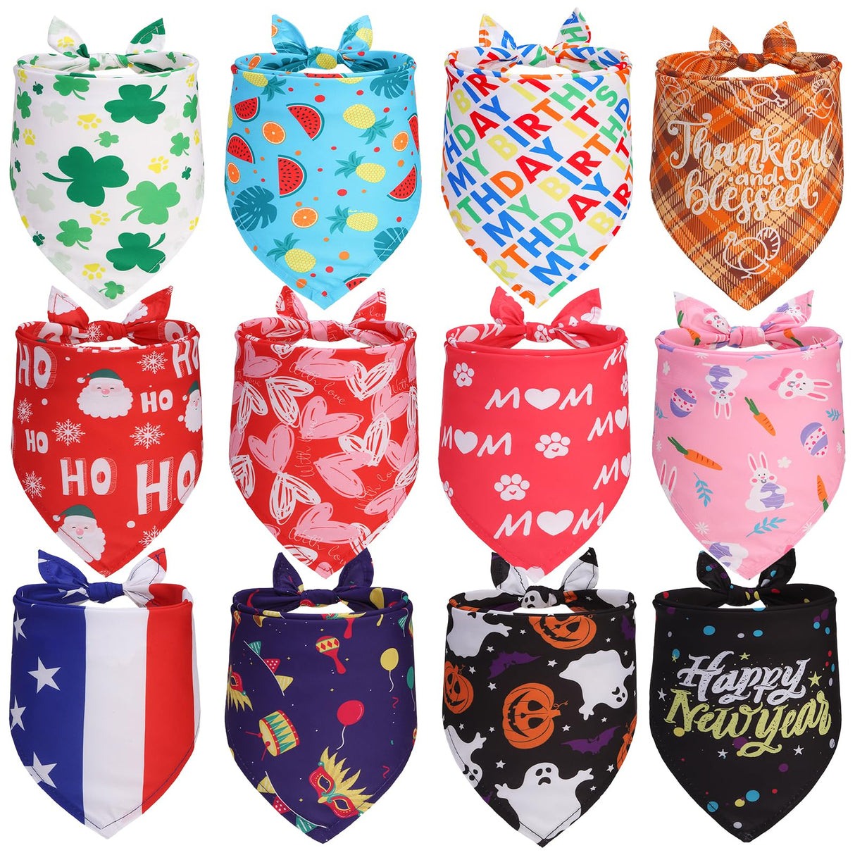 EXPAWLORER Holiday Dog Bandanas - 12 Pack Pet Bandana for Whole Year, Festival Puppy Scarf Dog Handkerchiefs Halloween Christmas New Year Birthday Triangle Bibs for Small Medium Large Breeds, Large