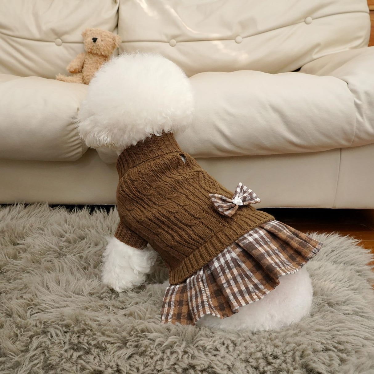 WOYYHO Girl Dog Sweater Dress with Bowtie Turtleneck Small Dogs Sweater with Leash Hole, Knitted Small Dog Sweaters Dress Puppy Winter Clothes for Yorkies Chihuahua (S, Brown)