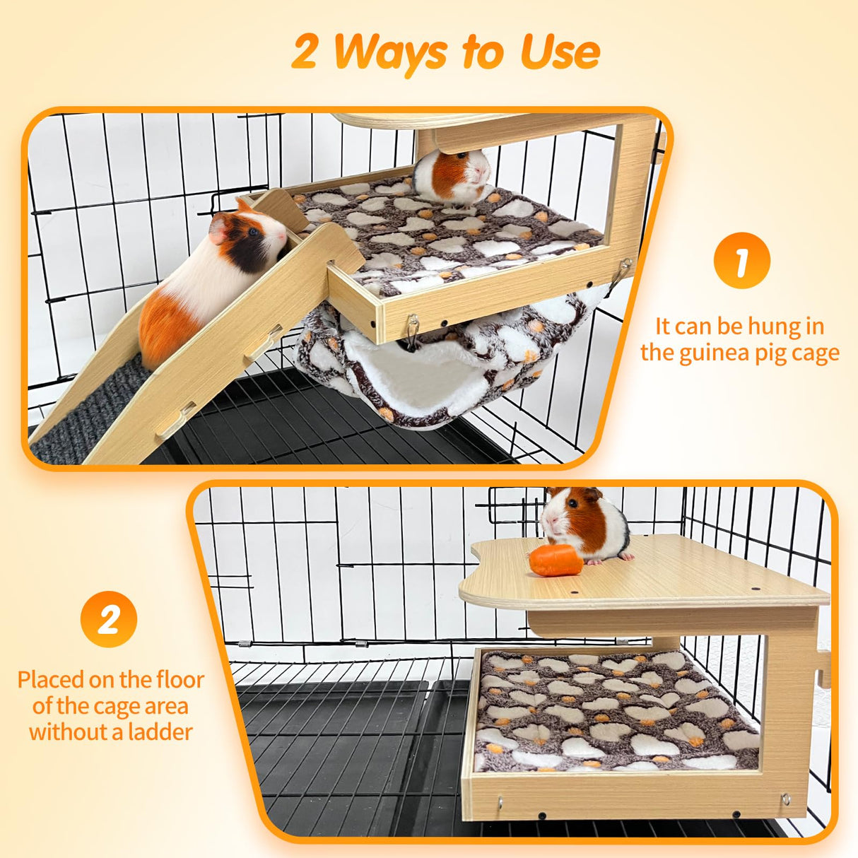 DCIAER Guinea Pig Hideout，Natural Wood Removable Guinea Pig Bed, Small Animal Habitat with Hanging Hammock/Staircase/Cushion, Suitable for Small Animals to Hide, Rest, Play