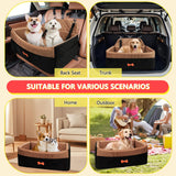PetsHome Dog Car Seat for Medium Large Dogs, Detachable Washable Pet Booster Seat with Memory Foam Cushion, Side Pockets, 2 Clip-On Safety Leashes Pet Car Seat for Dog Up to 60 lbs/2 Small Dogs-Brown