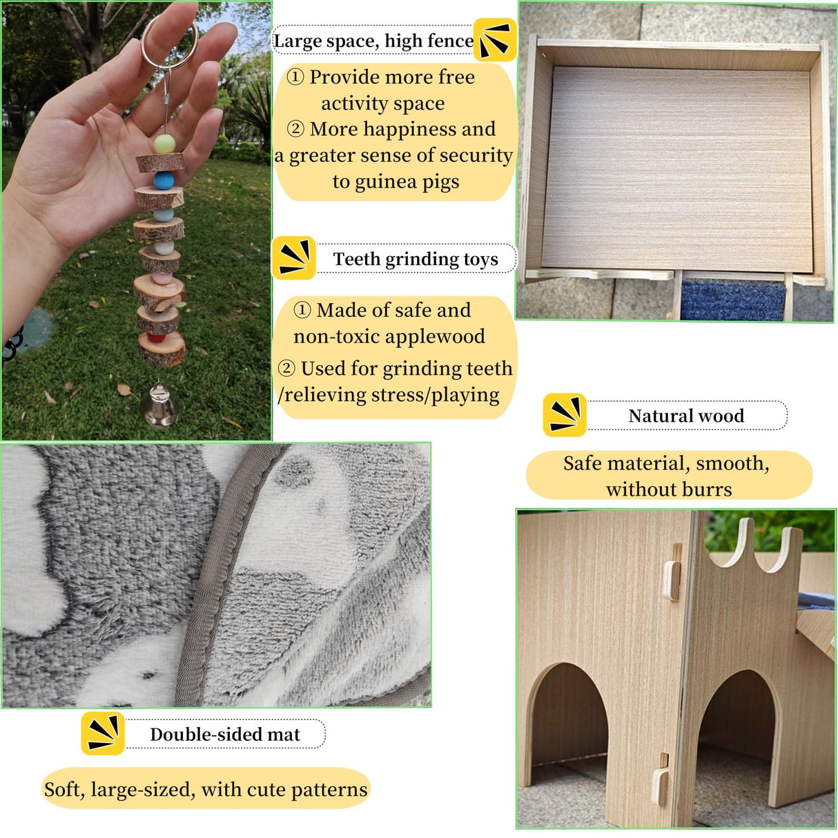 Guinea Pig Hideout, Small Animals House with | Mat Ramp | Cave | Blanket | Toy |, Wooden Detachable Castle for Guinea Pig Cages Accessories, Bed Hut Habitats for Hamster Bunny Playing Sleeping Hiding