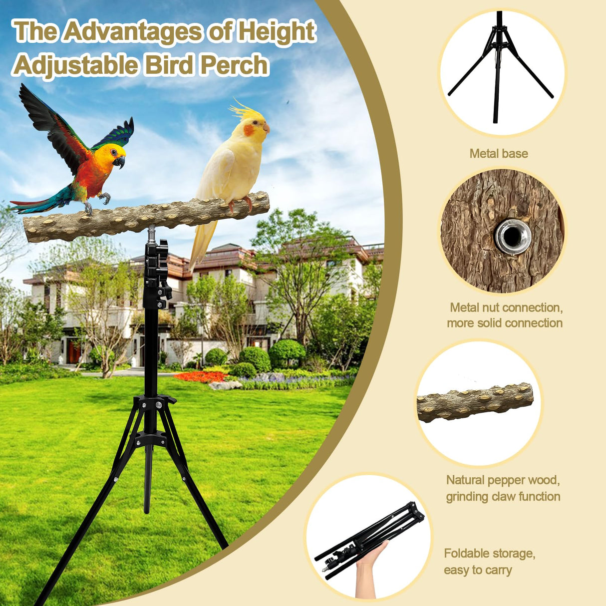Arfubye 16-63 Inch Height Adjustable Bird Perch Pepper Wood Bird Training Perch Stand Parakeet Perches Indoor and Outdoor Parrot Stands for Small to Medium Bird
