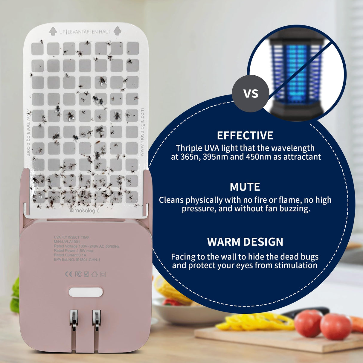 Mosalogic Fly Insect Trap Plug-in Fruit Flies Killer Gnat Trapper Moth Catcher Fly Trapper UV Attractant Catcher for 400 Sq Ft of Protection Pink-1PACK