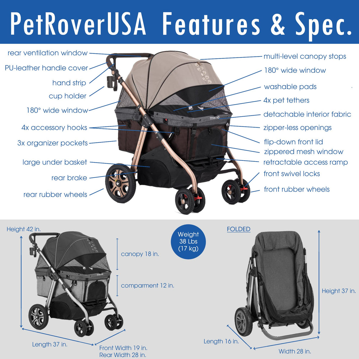 HPZ Pet Rover Titan-HD Premium Super-Sized Dog/Cat/Pet Stroller SUV Travel Carriage/w Access Ramp/100Lbs Capacity/Pumpless Rubber Wheels/Aluminum Frame for Small, Med, Large, XL Pets (Taupe)