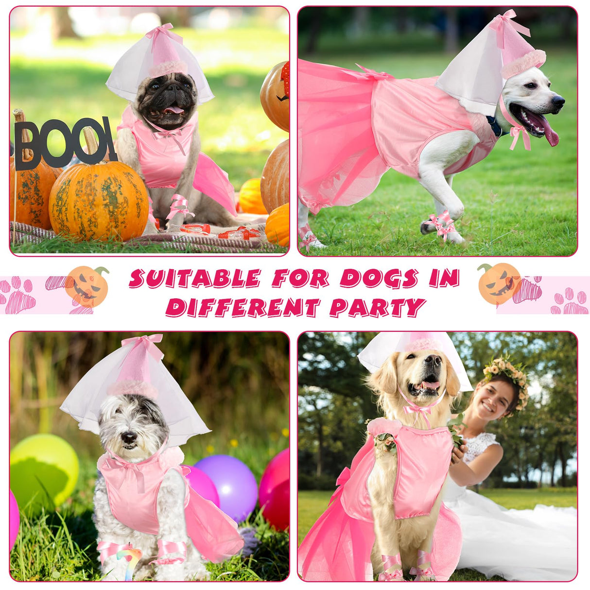 Sweetude 6 Pieces Halloween Princess Dog Costume Set Female Puppy Princess Tutu Skirt Dog Hat Delicate Cuffs PET Pink Outfits for Dogs Birthday Wedding Party (XXL)
