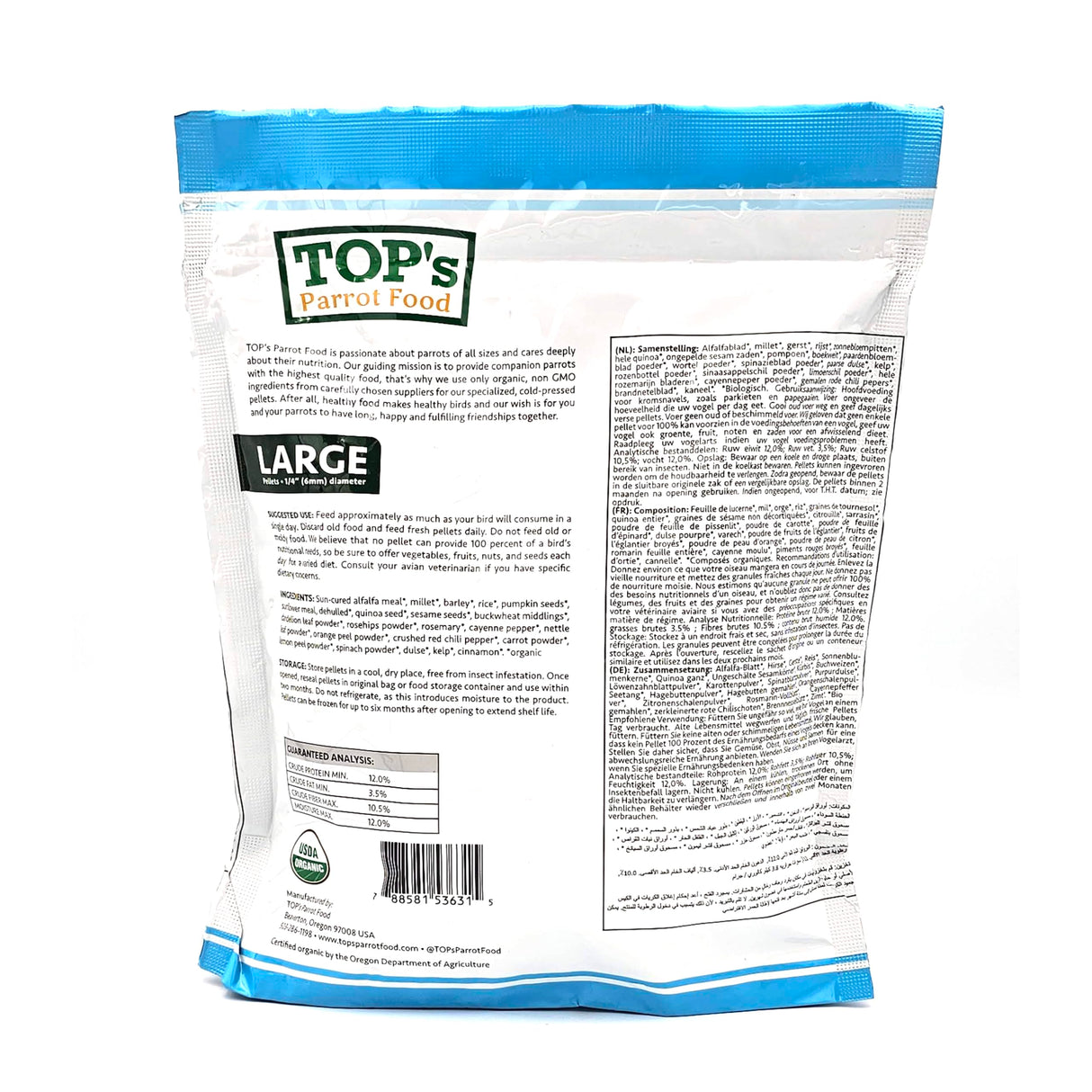 TOP's Parrot Food Pellets Hookbills, Small, Medium, Large Birds - Non-GMO, Peanut Soy & Corn Free, USDA Organic Certified - 1 lb / 453 g