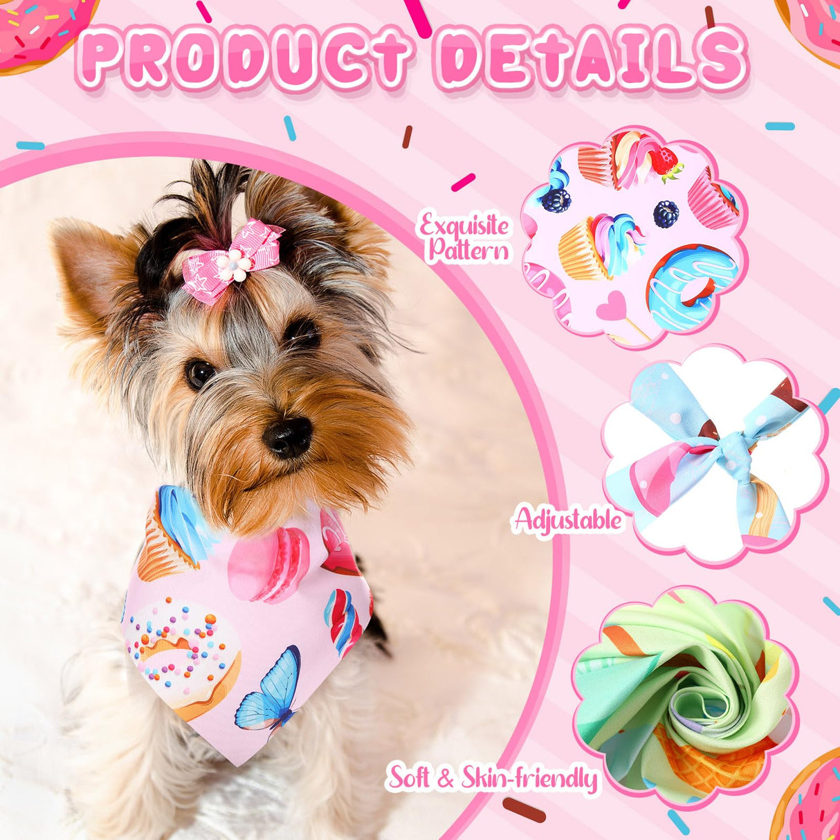 Huhumy 100 Pcs Dog Bandanas Bulk Hawaiian Dog Bandanas Summer 3 Sizes Washable Adjustable Scarf for Beach Small Medium Large Pet Supplies(Donut)