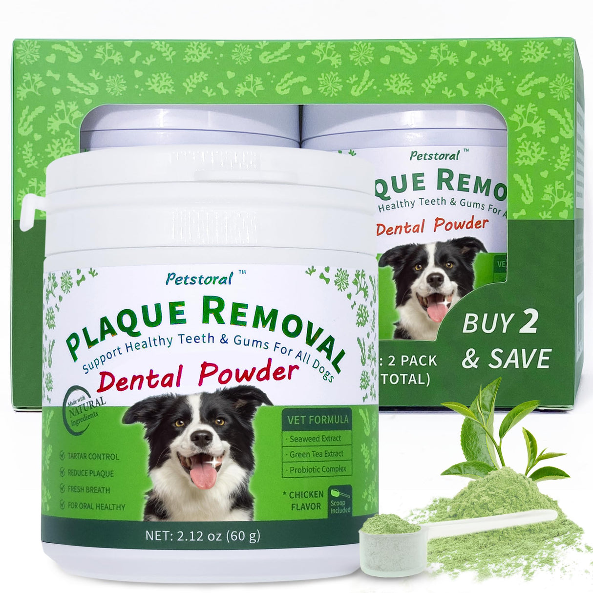 Petstoral 2-Pack Plaque Removal Natural Dental Powder, Dog Dental Care and Bad Breath Treatment, Dog Teeth Cleaning Powder for Healthy Teeth & Gums for All Dogs
