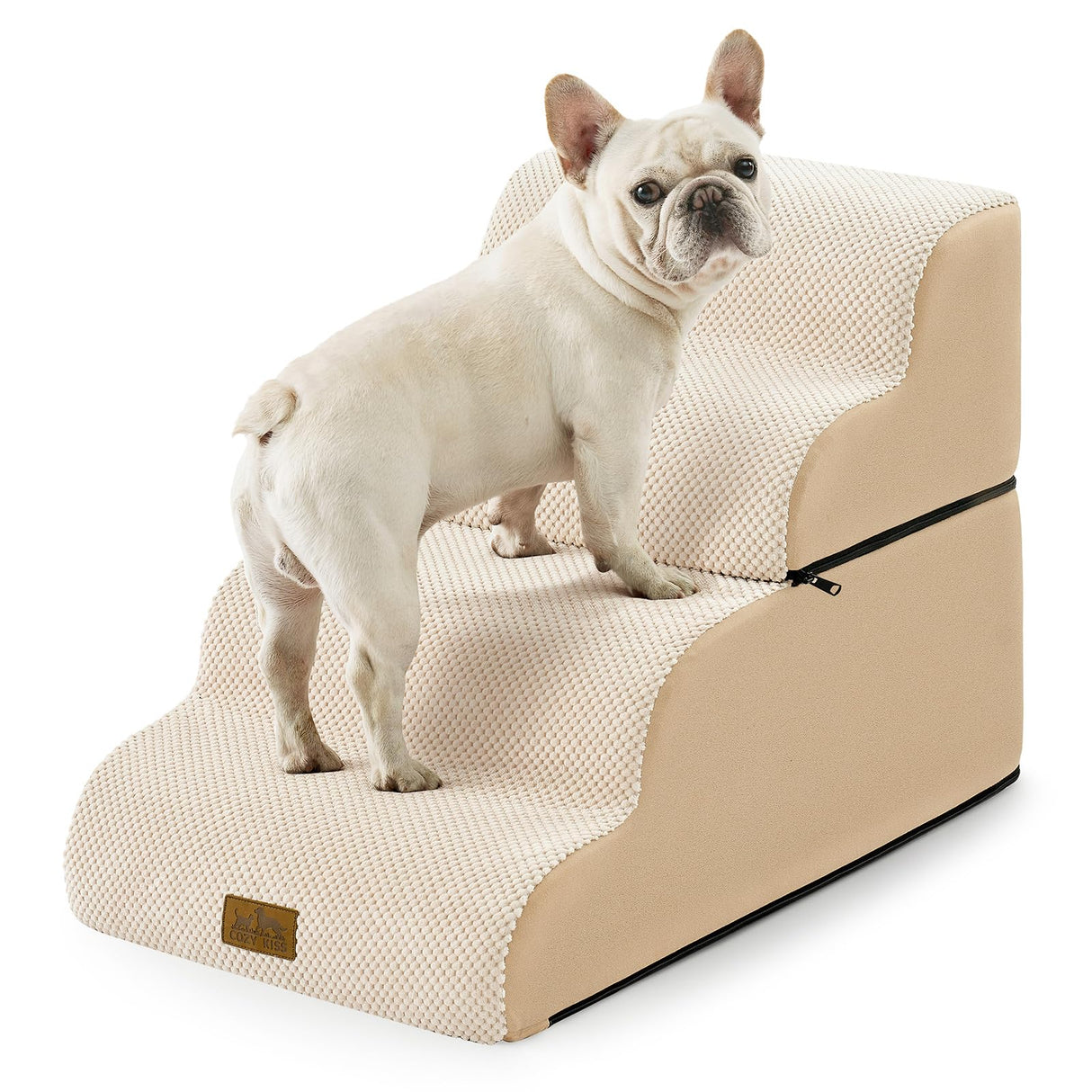 COZY KISS Detachable Curved Wide Dog Stairs 19.7" H, 4 Step Small Dog Step for Puppy or Older Cat, Ramp for Bed, Sofa, Couch or Chair, Ladder with High Density Foam, 17.7x28.3x19.7 inch, Beige