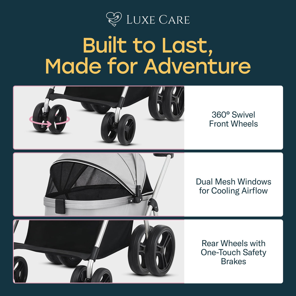 LUXE CARES 4 Wheel Foldable Pet Stroller - Lightweight Dogs and Cats Stroller Upto 50lbs with Mesh Canopy, Storage Basket and Cup Holder, Durable for Walks and Outings (Medium)