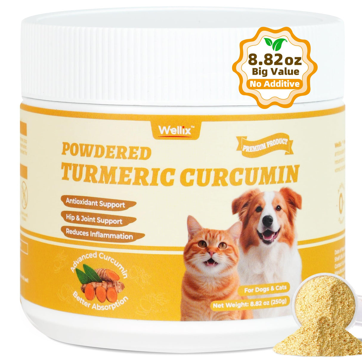 Wellix 250g Turmeric for Dogs & Cats - Long-Lasting Hip and Joint Supplement - Easy Absorb Natural Turmeric Powder for Dogs Pain Relief & Anti-inflammatory, Dog Cat Joint Supplement