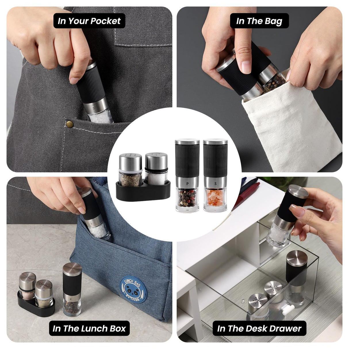 Mini Salt and Pepper Grinder set with 2 Small Salt and Pepper Shakers Portable Cute Tiny Spice Grinder Pepper Mill Salt Grinder for Travel, Work, Camping, Party, School, Lunch Box