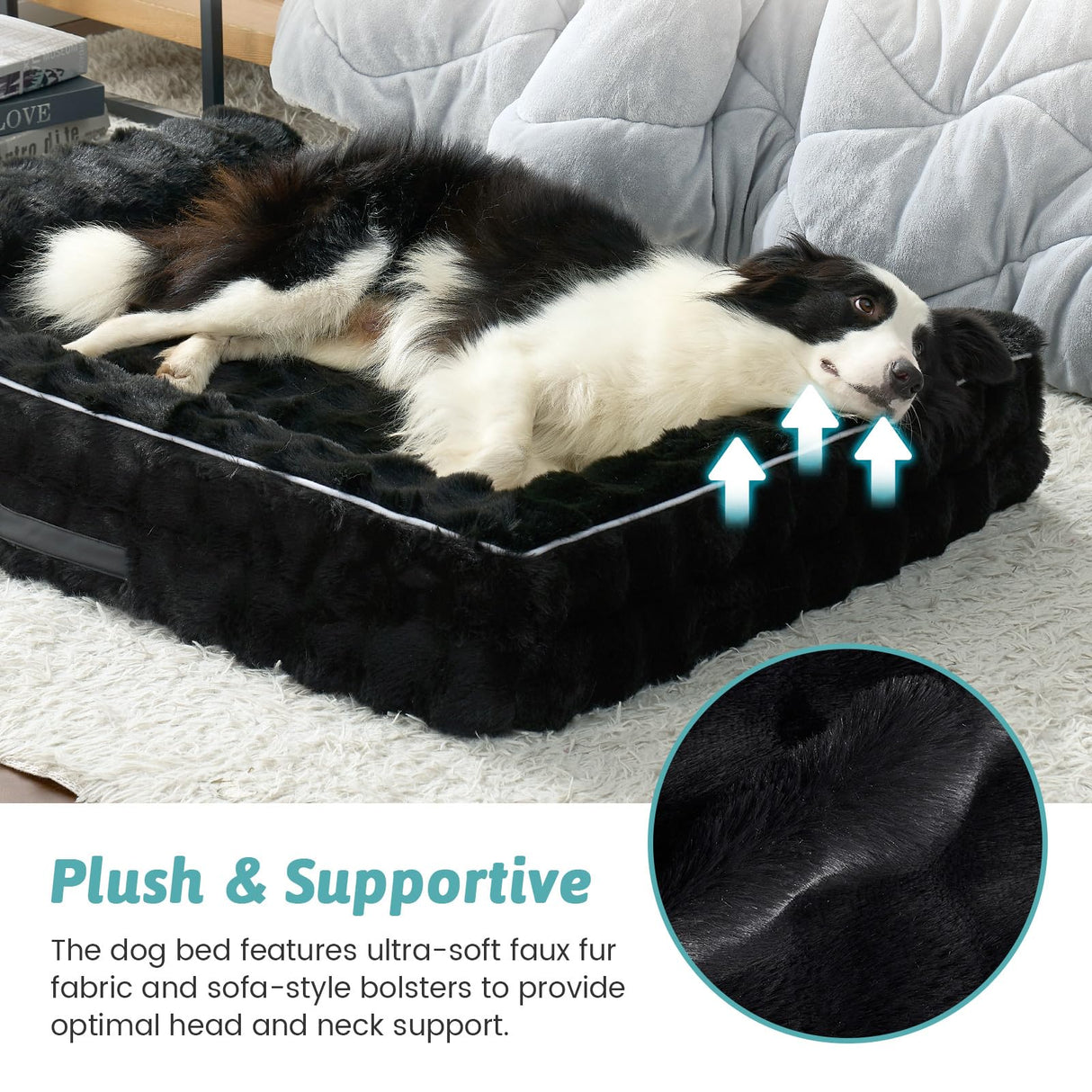 Faux Fur Orthopedic Dog Bed, Extra Large Dog Bed, Supportive Foam Pet Sofa with Waterproof Lining Cover, Washable U-Shaped Pet Couch with Anti-Slip Bottom Design, Black XXL 48x32x8 inch