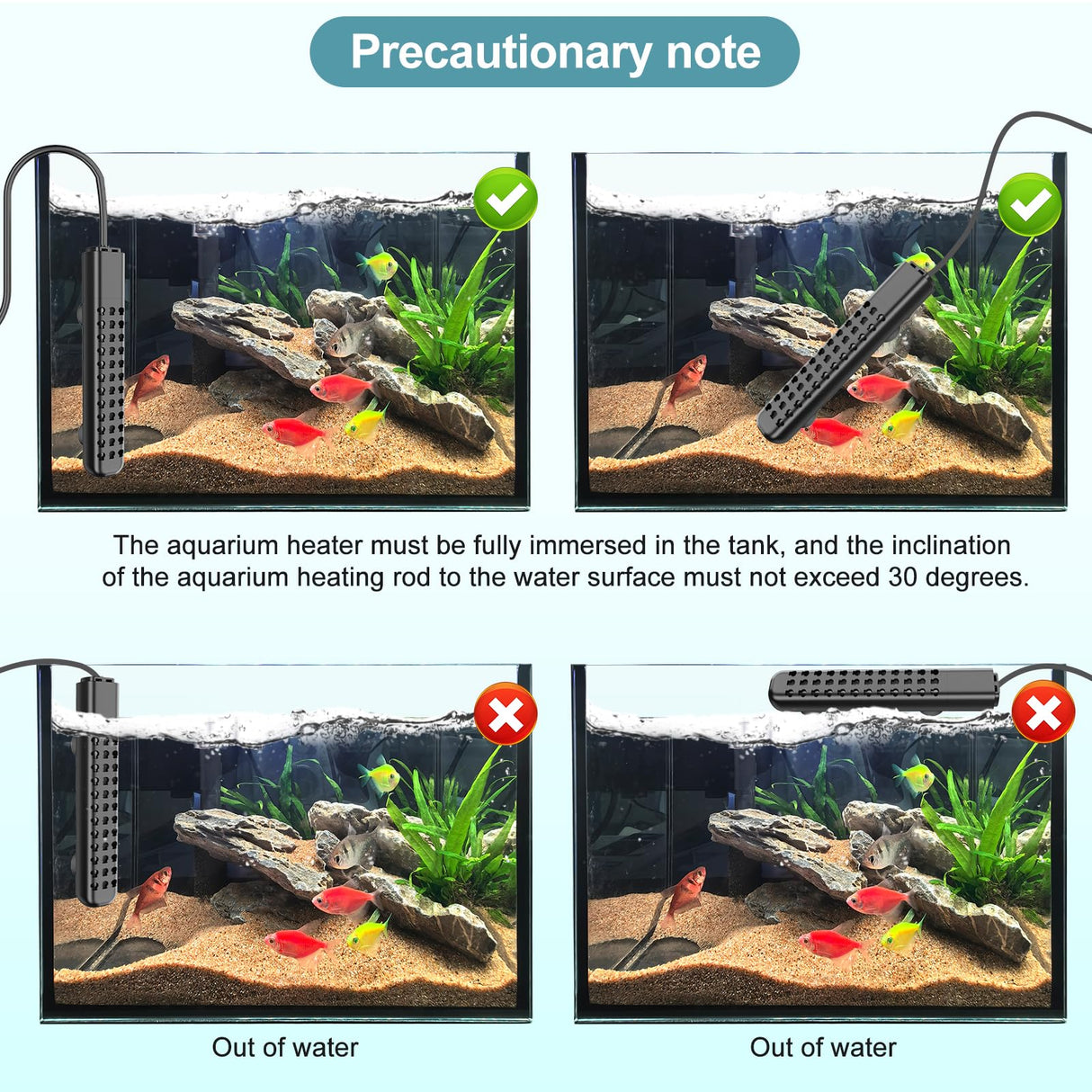 Submersible Aquarium Heater 100W/200W/300W/500W, Fish Tank Heater with high-Temperature Protection and Turtle Tank Heater with Automatic Power-Off When Leaving seawater or Freshwater