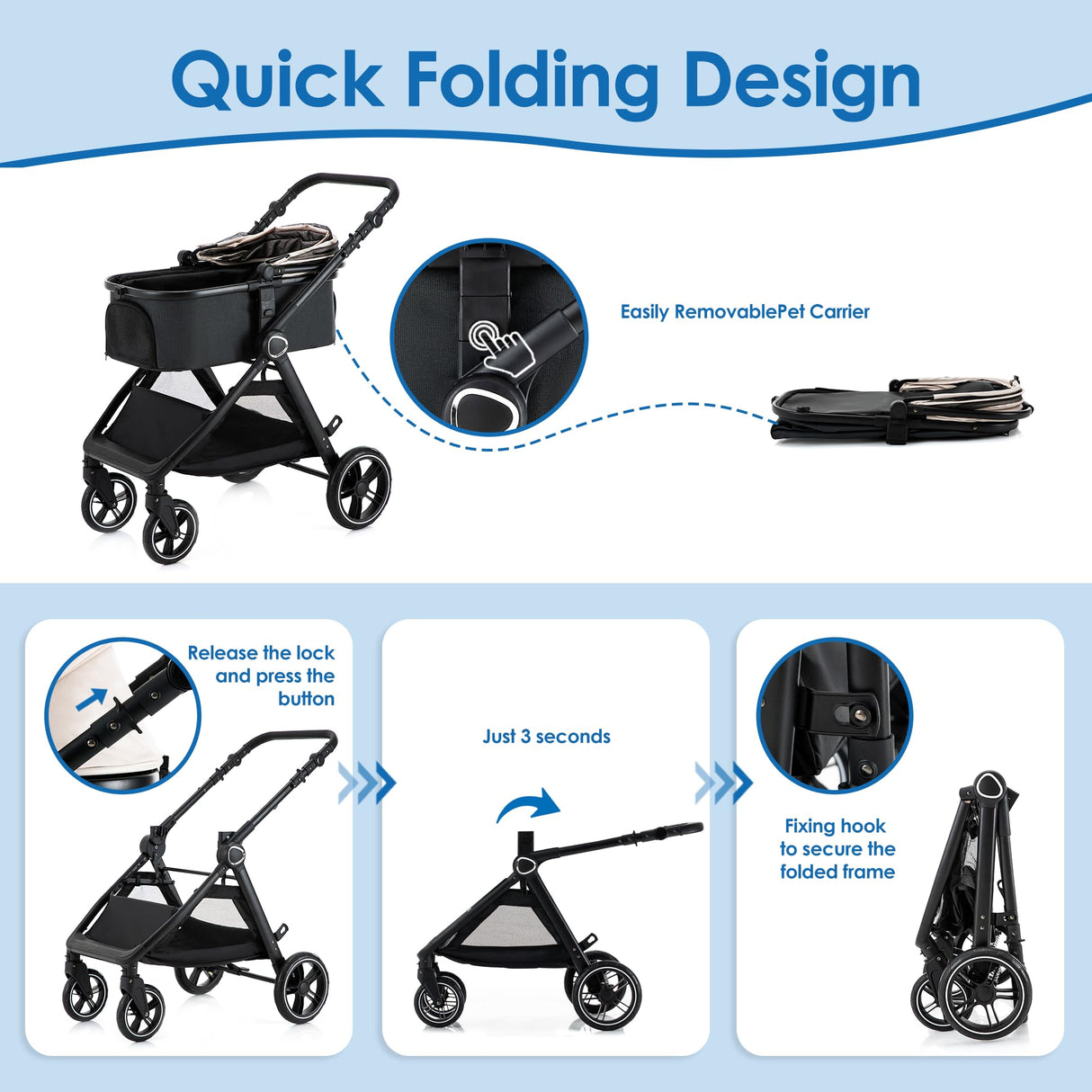 KAVELLIN Pet Stroller for Small/Medium Dogs, Foldable Dog Stroller with Detachable Carrier,3 in 1 Pet Stroller for Dogs Cats up to 50 lbs, Cup Holders,Easy Assembly, Black