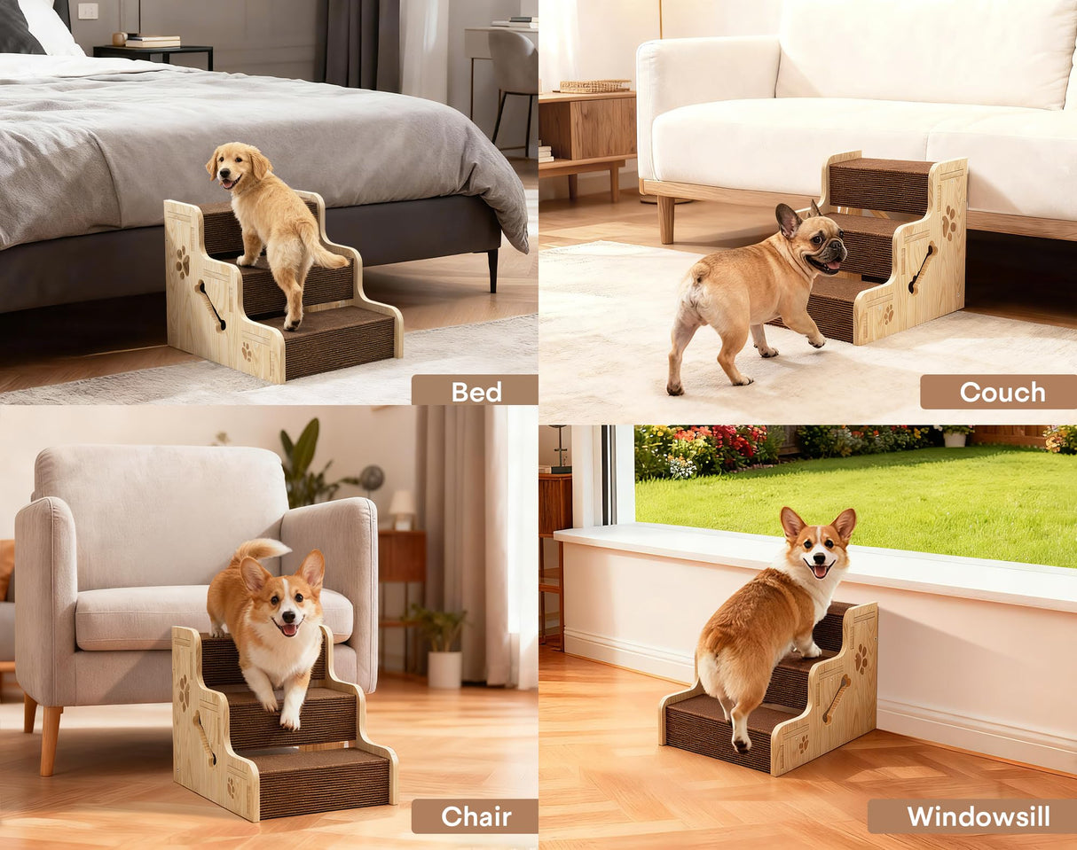 TIMHAKA Dog Stairs for Small Dogs, 3-Step Wooden Dog Ramp for Bed, Couch & Car, Non-Slip Pet Stairs for Small Old Short-Legged Puppy & Cat, Indoor Pet Steps with X-Brace Support