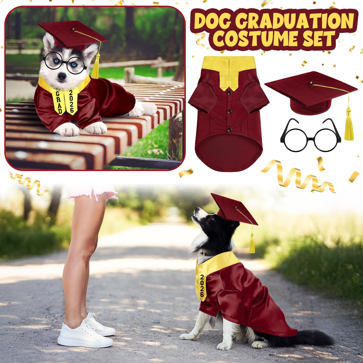 Huhumy 5 Pcs Dog Graduation Costume Set Include 2025 Pet Graduation Gown with Stole Puppy Grad Cap Lensless Glasses DIY Letter Stickers for Dogs Cats Holiday Costume Accessory(Maroon Yellow,XXL)