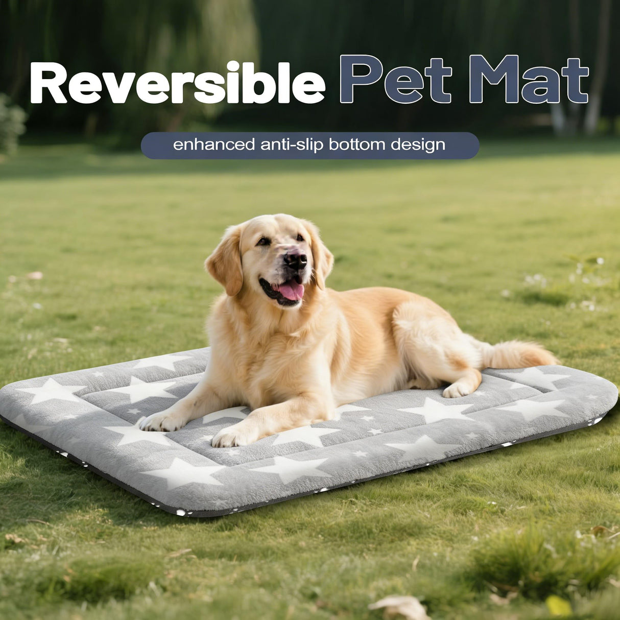 Fogkiss Dog Bed Mat, Reversible Dog Crate Pad with Washable Kennel Mat and Soft Foam, Pet Bed for Dogs & Cats, for Crates Carriers & Travel(Big&Small Stars Grey, 35" L*23" W*1.5" Th)