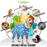 LovinPet Large Dog Pjs, UV Protection, Pet Anxiety Relief Onesies, Lightweight Stretchy, Blue Shark Print, Undershirt for Dog Sweaters and Coats, Large Breed Husky Pajamas, Pet PJ's/XL