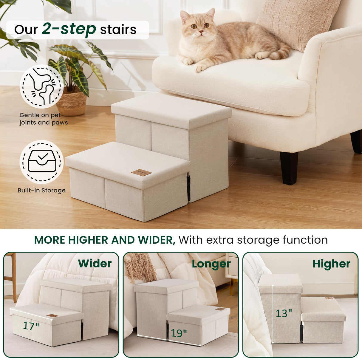 Love's cabin Dog Stairs with Storage 13" H, Foldable Pet Stairs for Small Medium or Large Dogs, Cat Puppy Steps Ramp with Zip up to 150 lbs, Beige, 2 Steps