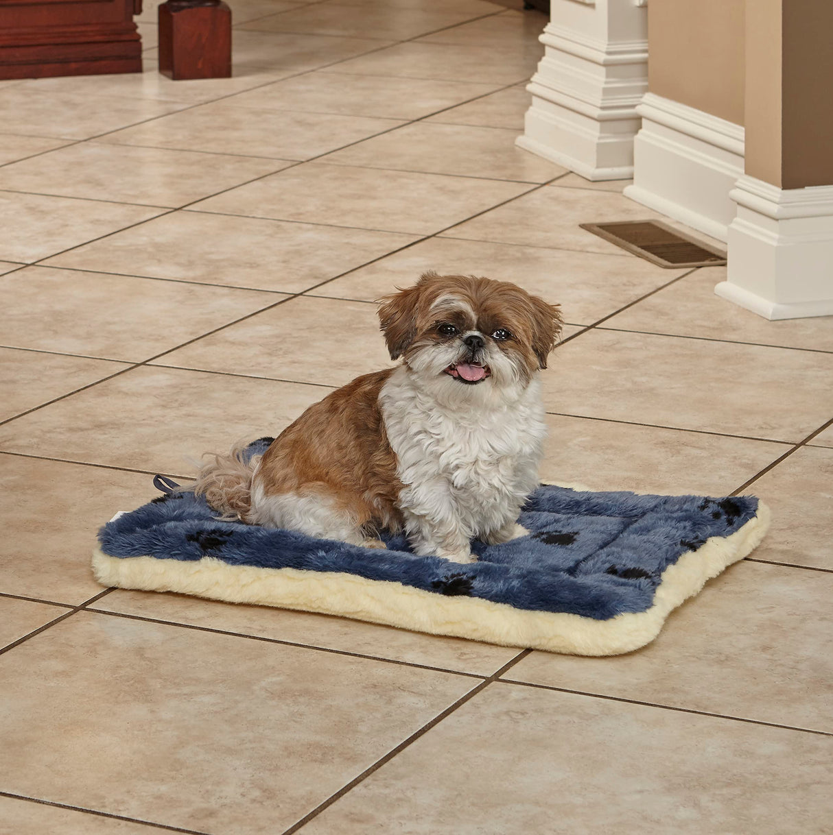 MidWest Homes for Pets QuietTime Reversible Paw Print Pet Bed, Soft Faux Fur & Fleece 24-Inch Crate Mat for Small Dogs, Machine Washable, Blue and Cream