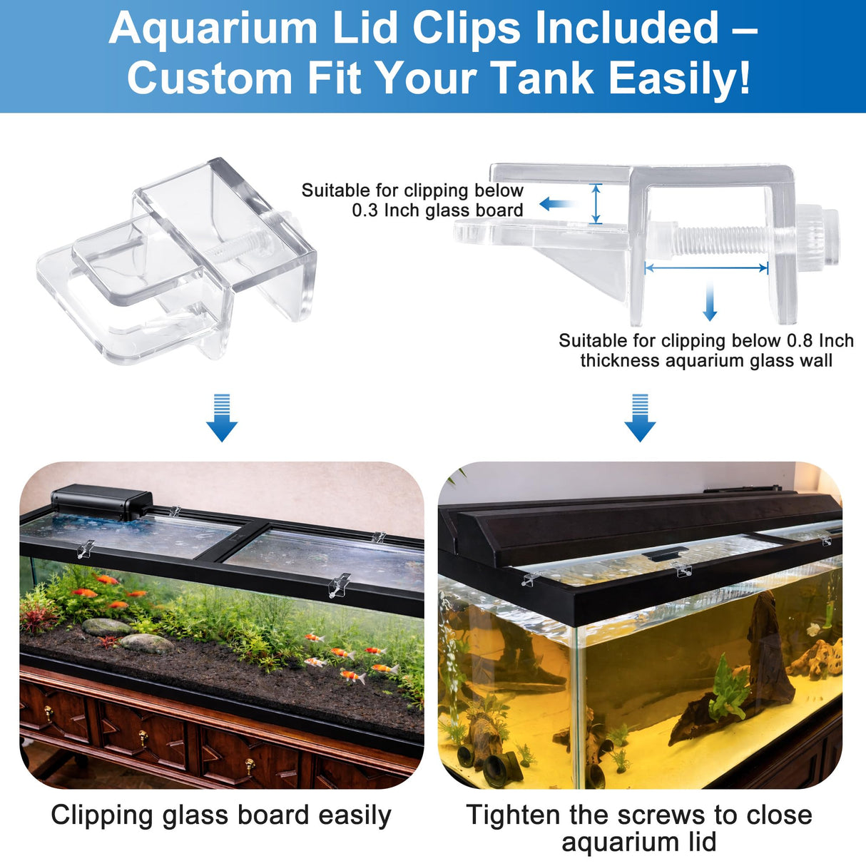 2PCS Set Glass Canopy, 22.08 x 16.57in (Each PCS) Clear Tempered Aquarium Fish Tank Hoods with Aquarium Lid Clips, ONLY FITS Aqueon 75/90/110 Gallon Aquarium Fish Tank