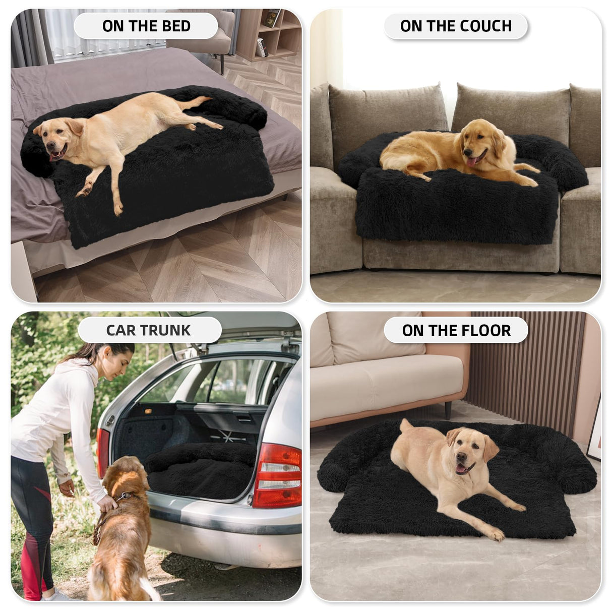 GGIB Calming Dog Bed Fluffy Plush Dog Mat for Furniture Protector with Removable Washable Cover for Large Medium Small Dogs and Cats (Extra Large (53x39.3x6), Black)