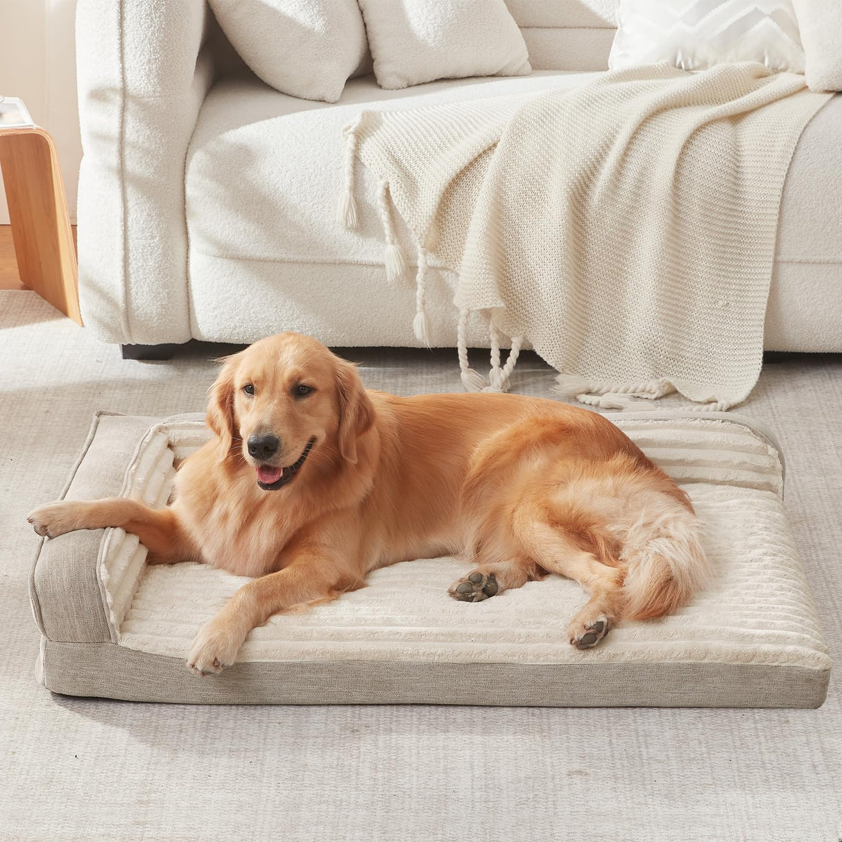 WINDRACING Orthopedic Dog Beds for Medium Dogs, Waterproof Egg Foam Dog Sofa Bed with L Bolster Sides, Washable Medium Pet Bed with Removable Cover & Non-Slip Bottom, 36 x 23 inch, Beige