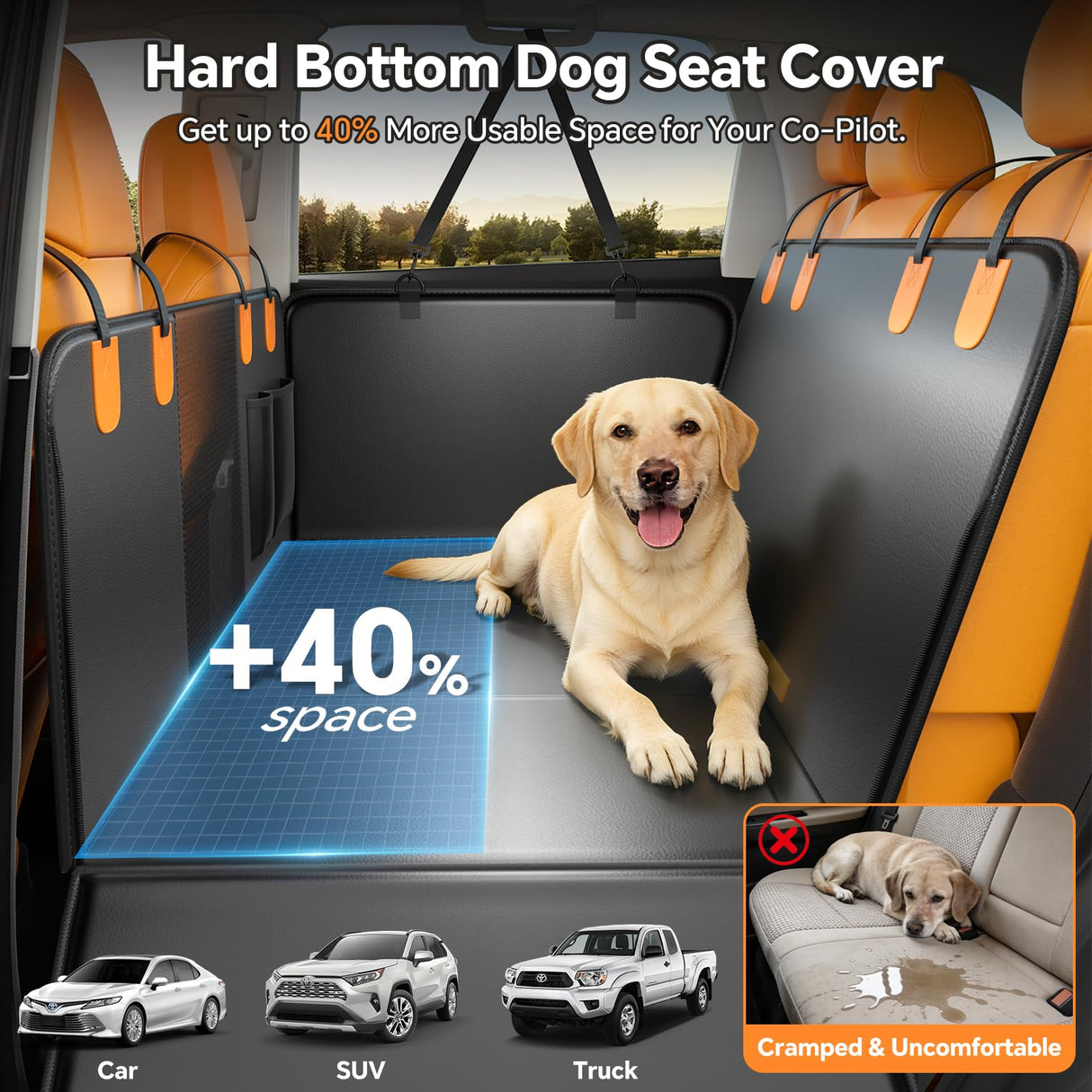 FALDAA Dog Car Seat Cover, Back Seat Extender for Dogs 400LBS Capacity, Dog Hammock for Car PU Leather, Hard Bottom Dogseat Cover Universal Car Fit, Waterproof DogSeat Cover for Car SUV Truck
