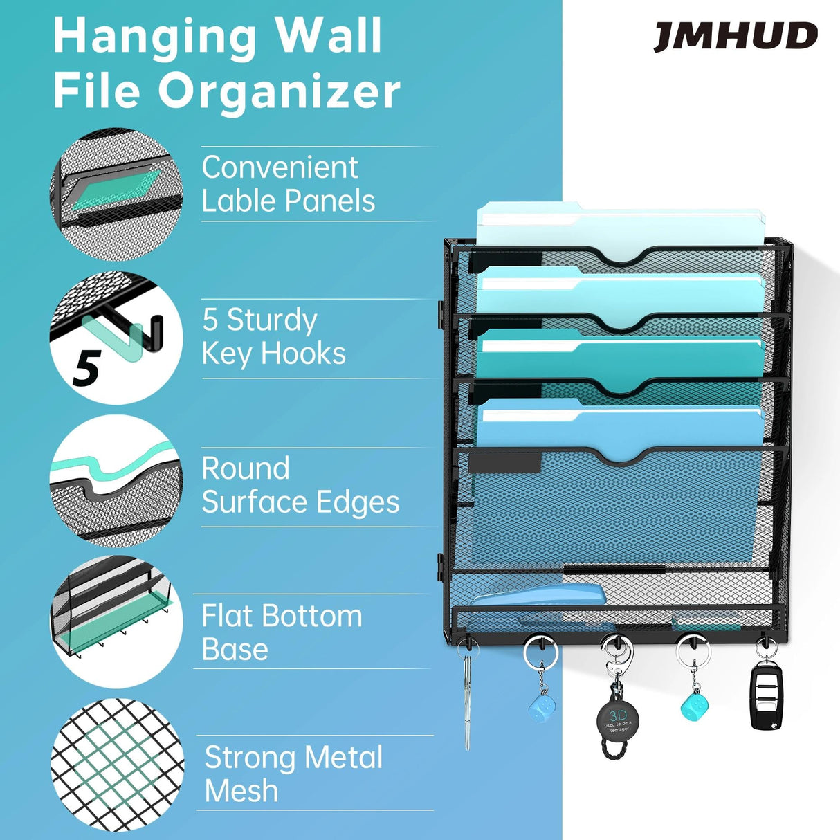 JMHUD 5 Tier Wall File Organizer - Hanging File Organizer with 5 Hooks, Mail Holder Wall Mounted for Papers, Folders, Magazines, Bills, Office&School Organization, Black