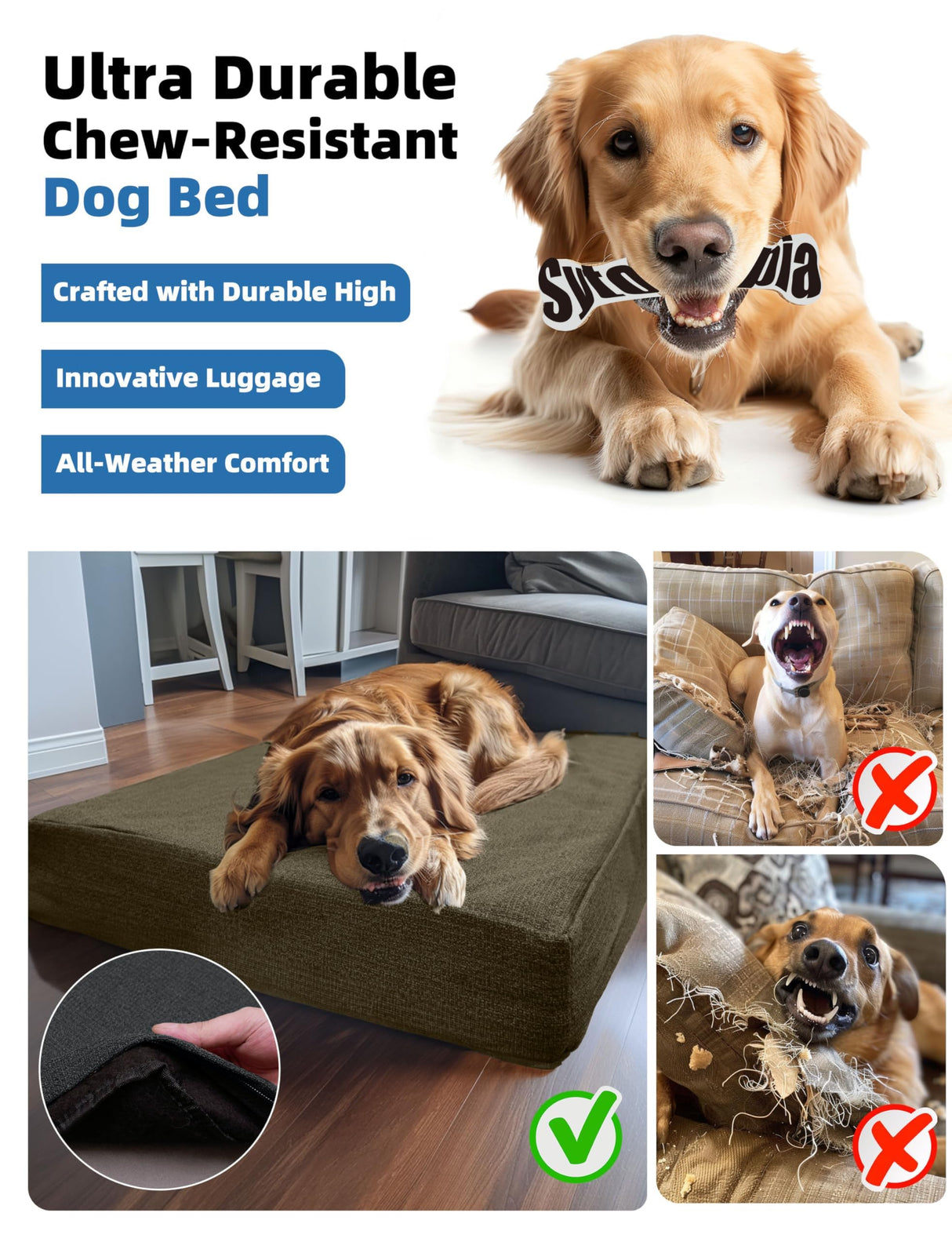Sytopia Indestructible Dog Bed, 42" XL Chew Proof Dog Bed for Extra Large Dogs (90 lbs), Durable Waterproof Pet Bed, Chew Resistant Dog Crate Pad, Washable Cover, Indoor & Outdoor Use, Brown