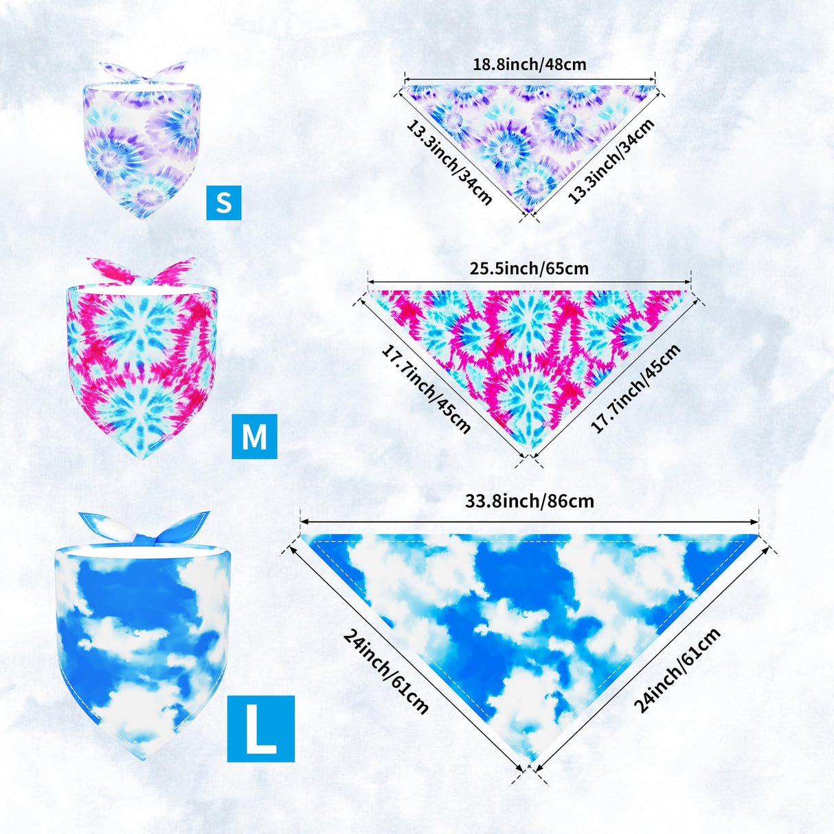 Pai Sence Tie Dye Dog Bandanas Bulk for Dogs 60 Pcs Assorted Size Stitching Dog Bandanas Small Medium Large Mixed Size Bandana Party Grooming