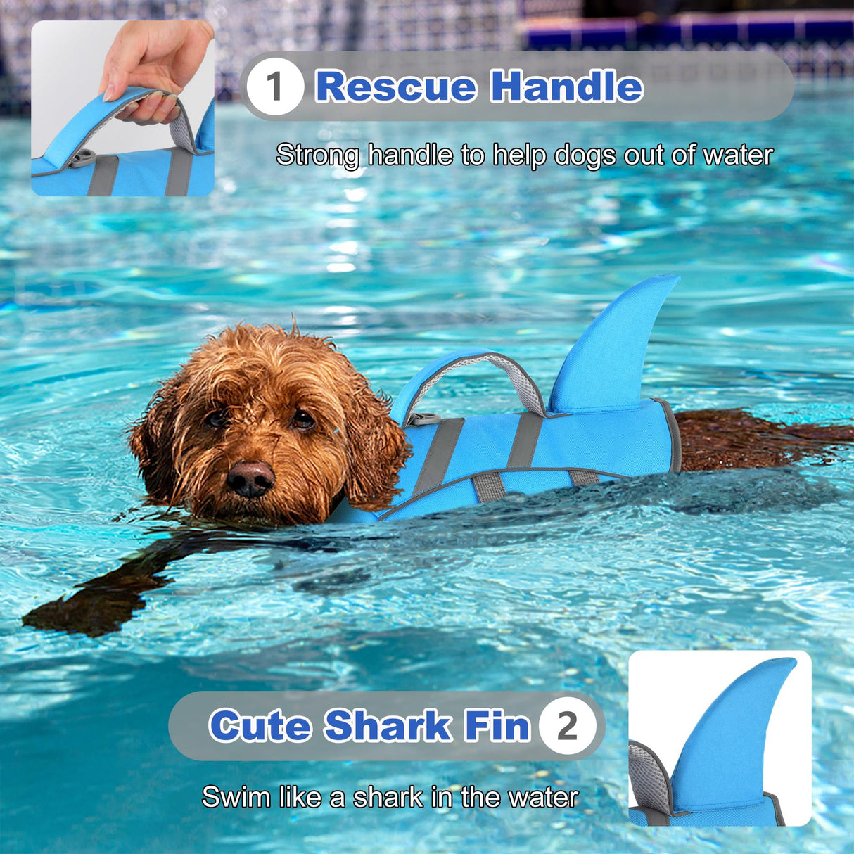 Dogcheer Dog Harness-Style Life Jacket Shark, Reflective Dog Life Vest for Swimming Boating, Adjustable Puppy Swim Vest, Pet Floating Device for Small Medium Large Dogs - Blue, L