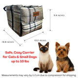 Kumdita' Center Console Dog Car Seat & Carrier for Small Dogs & Cats – Portable Booster with Sewn-in Leash, Machine Washable, Fits Most Vehicles (Classic Beige Check)