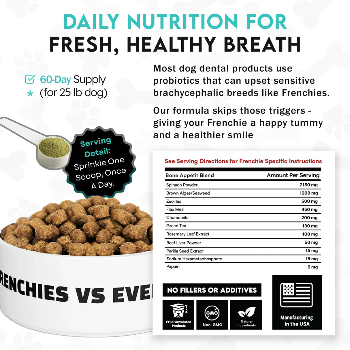 Dog Teeth Cleaning Powder–Natural Dog Dental Powder for Teeth Cleaning, Breath Freshener & Plaque Remover–Tartar Control, Oral Care &Bad Breath Treatment-French Bulldog Optimized Great for all breeds