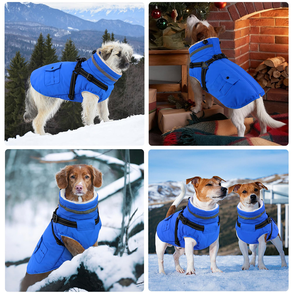 Dogcheer Dog Coat with Harness, Waterproof Warm Dog Winter Jacket with Pockets, Reflective Pet Fleece Jacket Turtleneck Snowsuit for Small Medium Large Dogs - Blue, 2XL