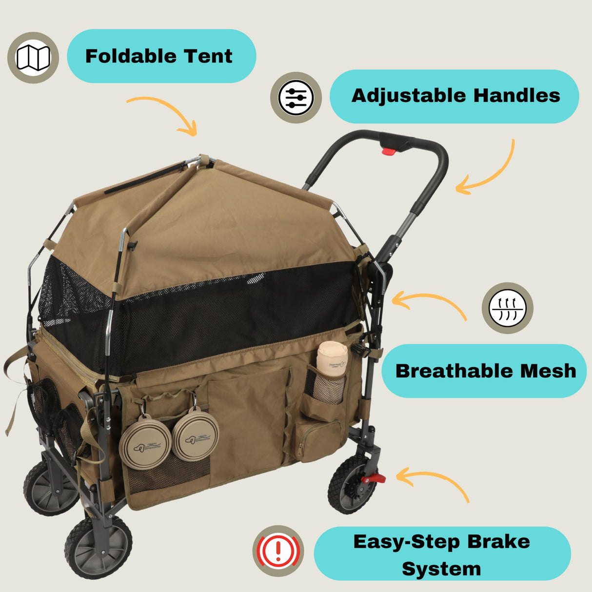 LONGDOG IMPRESSIONS Foldable Pet Wagon Dog Stroller with Removable Fully Zipped Tent, Pet Travel Wagon with Extendable Ramp Built-in Storage Attached Water and Food Station