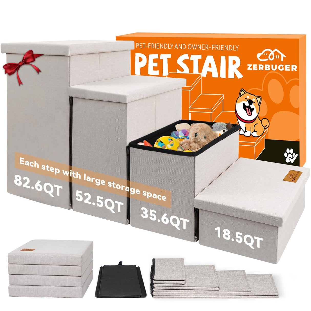 Zerbuger Dog Stairs with Storage 23" H, 4-Step Wider Dog Steps for High Beds Window, Folding Sturdy Pet Stairs Gift for Small/Medium/Large Old Dogs Cat, Ramp for Climbing Car Up to 200 lbs, Beige