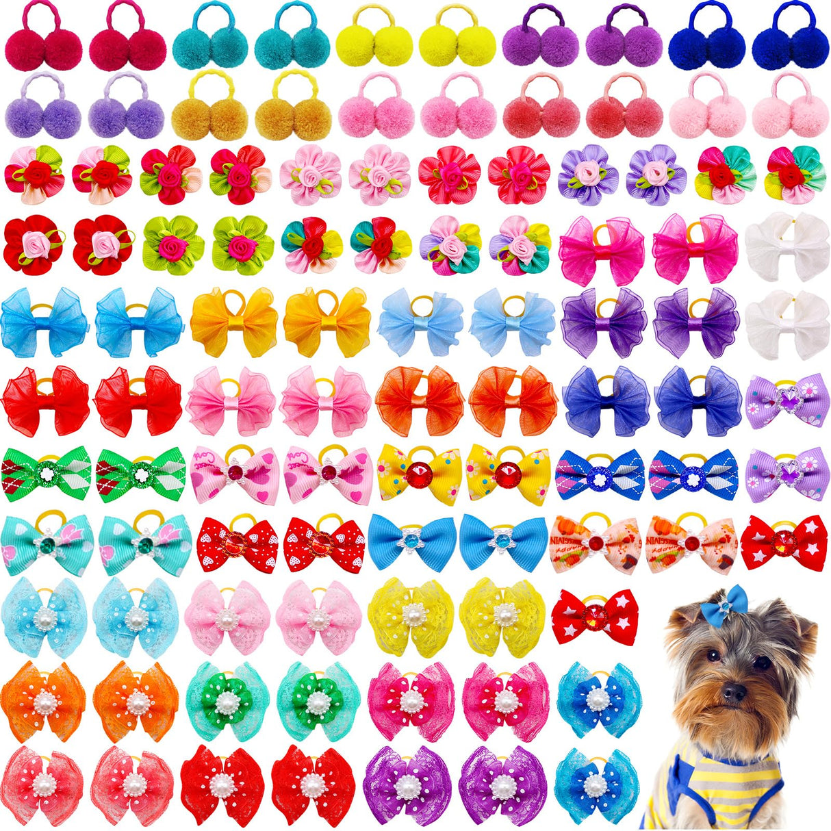 Mruq pet 100pcs Dog Hair Bows, Bulk Cute Puppy Pet Small Dog Hair Bows with Rubber Bands, Mix Handmade Flower Puff Ball Rhinestone Pearls Dog Bows, Yorkie Dog Bows for Dog Hair Grooming Accessories