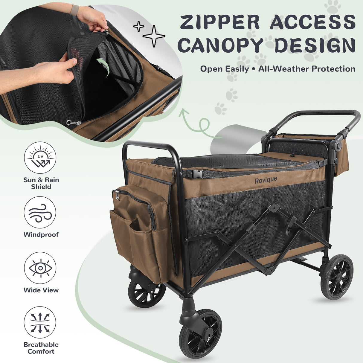 Rovique Dog Stroller for Large Dogs,Heavy Duty Dog Wagon with Easy Access Ramp,360° All-Terrain Rubber Wheels, Zippered Canopy,Adjustable Handle Pet Stroller(Brown)