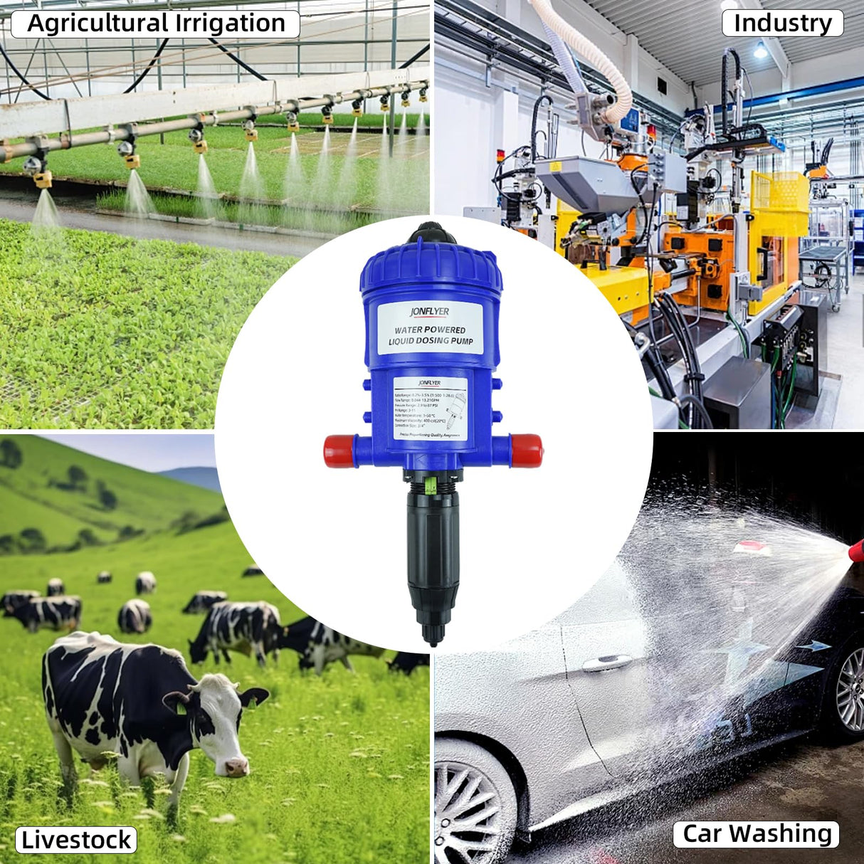 JONFLYER GEN Ⅱ 0.2-3.5% Fertilizer Injector Automatic Chemical Liquid Dosing Pump,13.21 GPM,POM Housing,Water Powered Liquid Dispenser for Drip Irrigation Garden Greenhouse Livestock Water Well