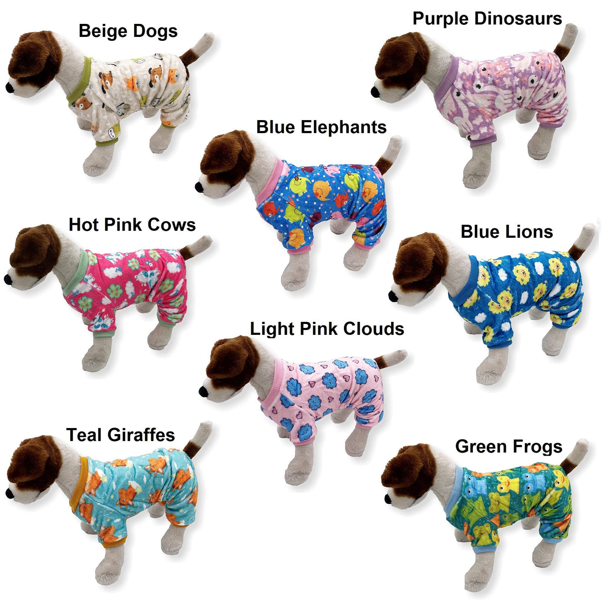 Pack of 2 Colors Dog Pajamas Soft Warm Fleece Jumpsuit Cute Pet Clothes for Small and Medium Pet XXS - L (Pack of 2 Colors: Hot Pink Cows, Blue Elephants, S: Length - 12", Chest 14" - 17")